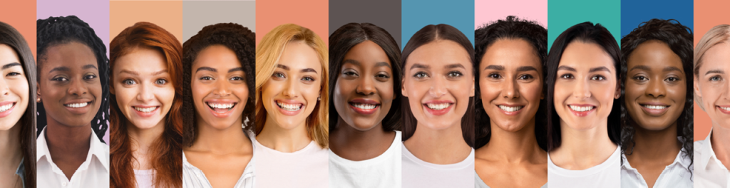 rosto de várias mulheres vestindo roupa branca, com etnias e origens diferentes para representar a força feminina no dia internacional da mulher, além de ilustrar a liderança feminina proposta no texto
