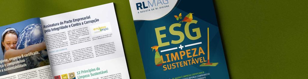 revista rlmag aberta em cima de um fundo verde com uma pagina sobre os principios da limpeza sustentavel propondo discutir o significado do esg para empresas
